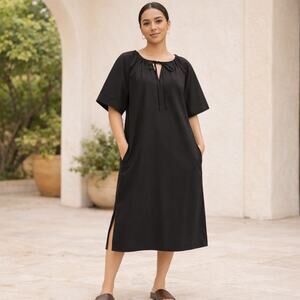 Everlane SZ XXS The Supima® Puff-Sleeve Dress Black Pockets NWT